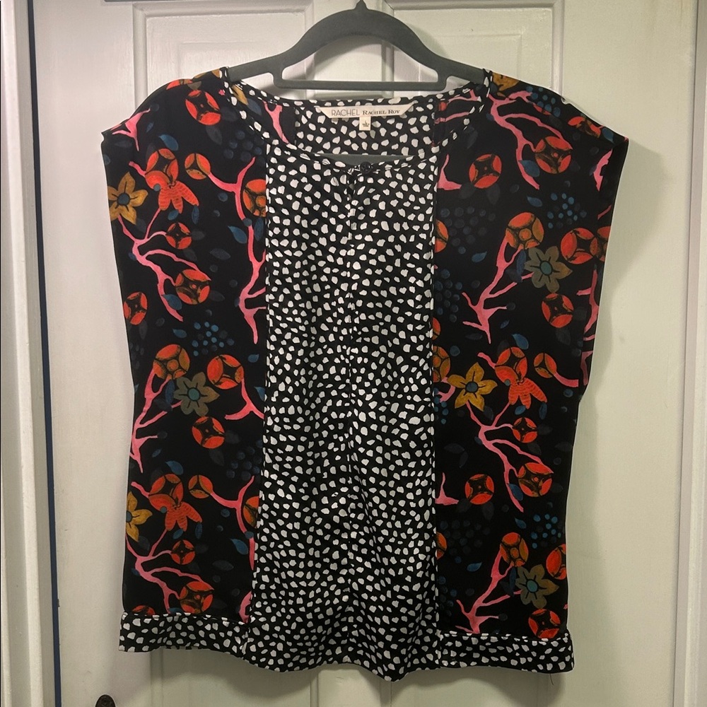RACHEL Rachel Roy Black Blouse with Multicolor Floral and Dot Patterns